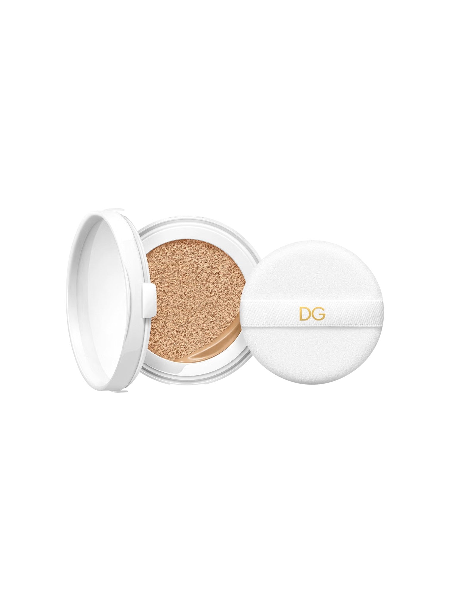 Makeup cushion with open lid showing beige powder on a white background Dolce Gabbana Monza Outlet