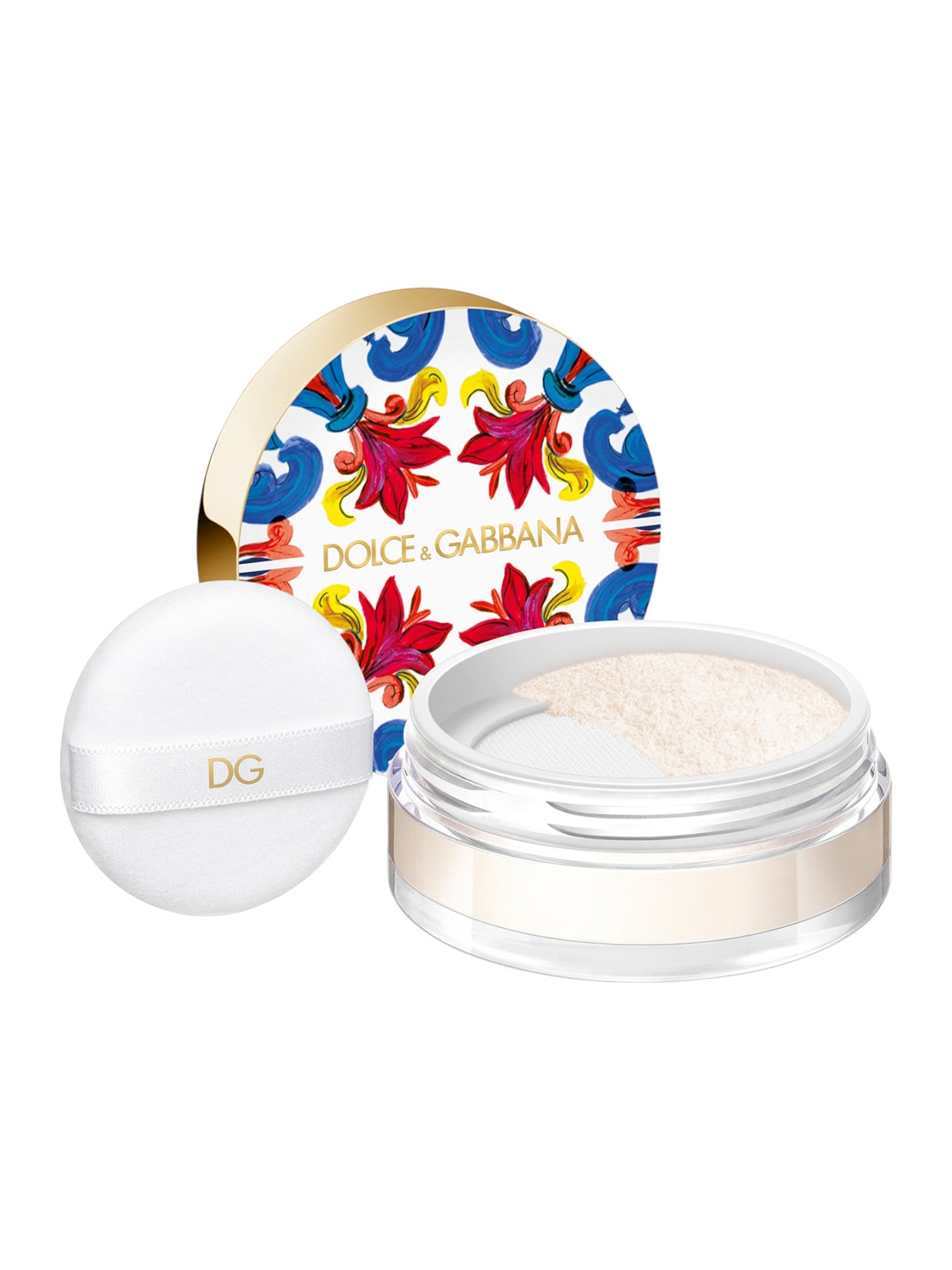Dolce & Gabbana makeup product with colorful decorative lid on a white background Dolce Gabbana Monza Outlet