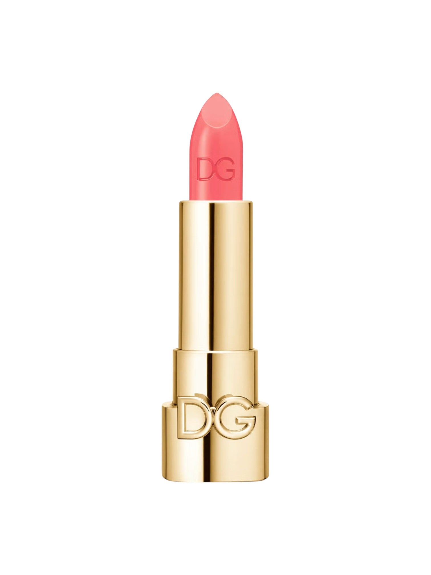 Pink lipstick with gold casing on a white background. Dolce & Gabbana, Monza Outlet, Monza Fashion, Shein Outlet