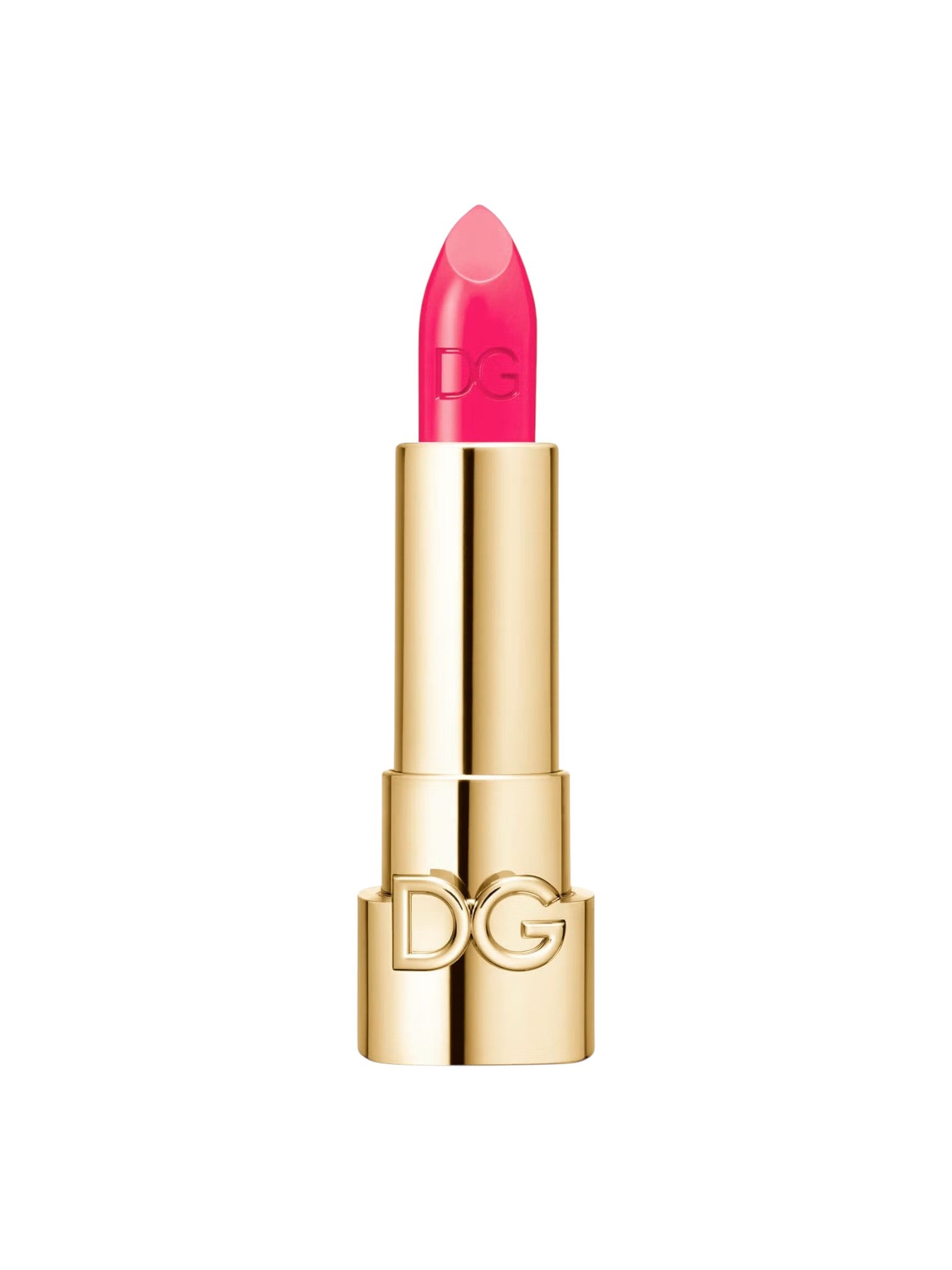 Pink lipstick with gold casing on a white background. Dolce & Gabbana, Monza Outlet, Monza Fashion, Shein Outlet