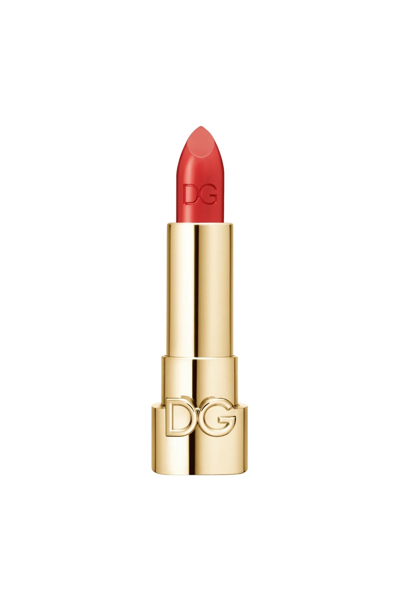 Red lipstick with gold casing on a white background. Dolce & Gabbana, Monza Outlet, Monza Fashion, Shein Outlet