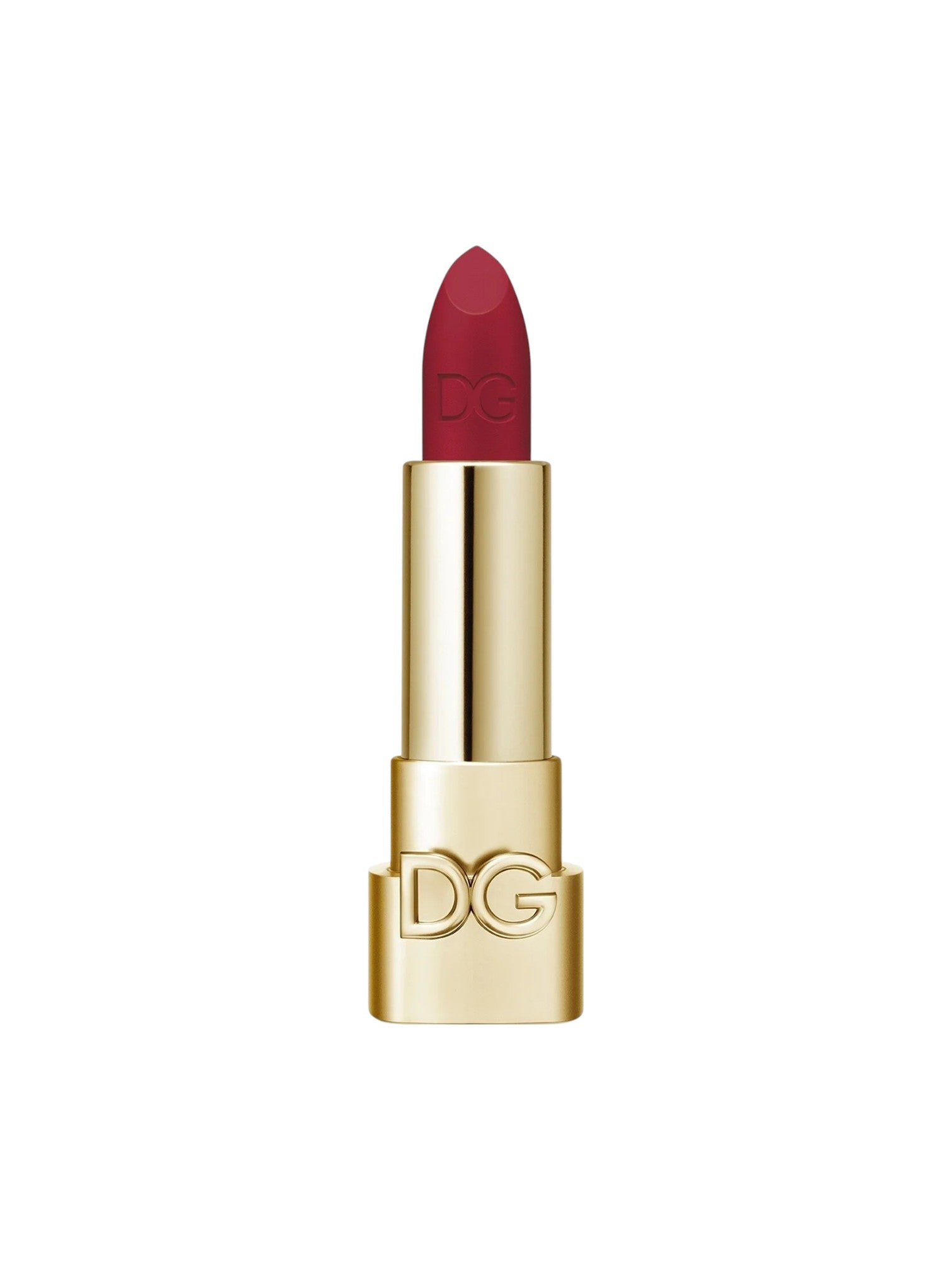 Red lipstick with gold casing on a white background. Dolce & Gabbana, Monza Outlet, Monza Fashion, Shein Outlet