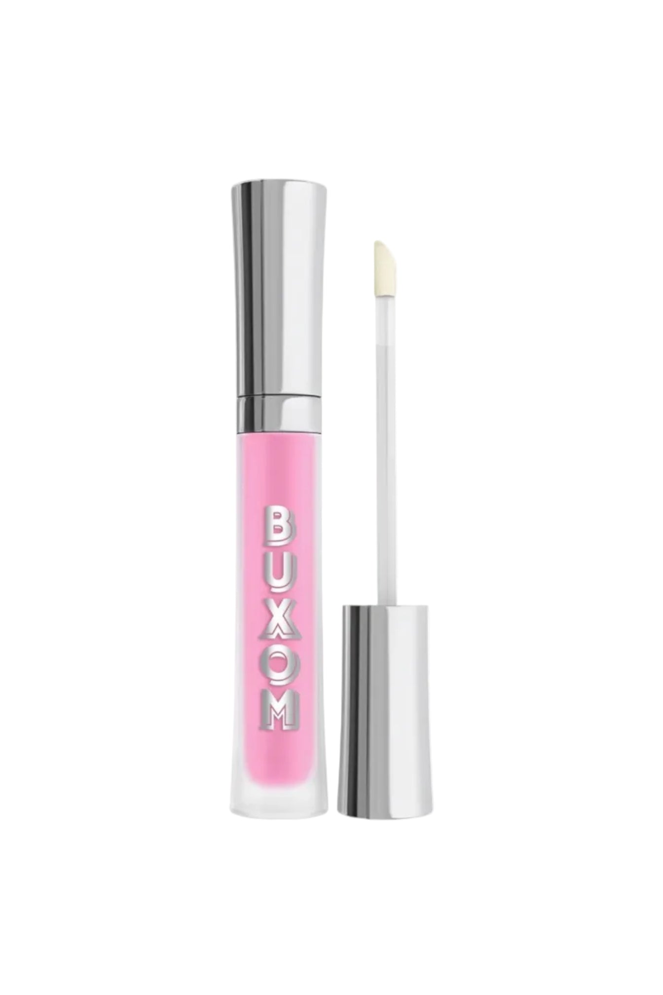 Buxom lip gloss with silver cap and pink body on a white background Monza Outlet