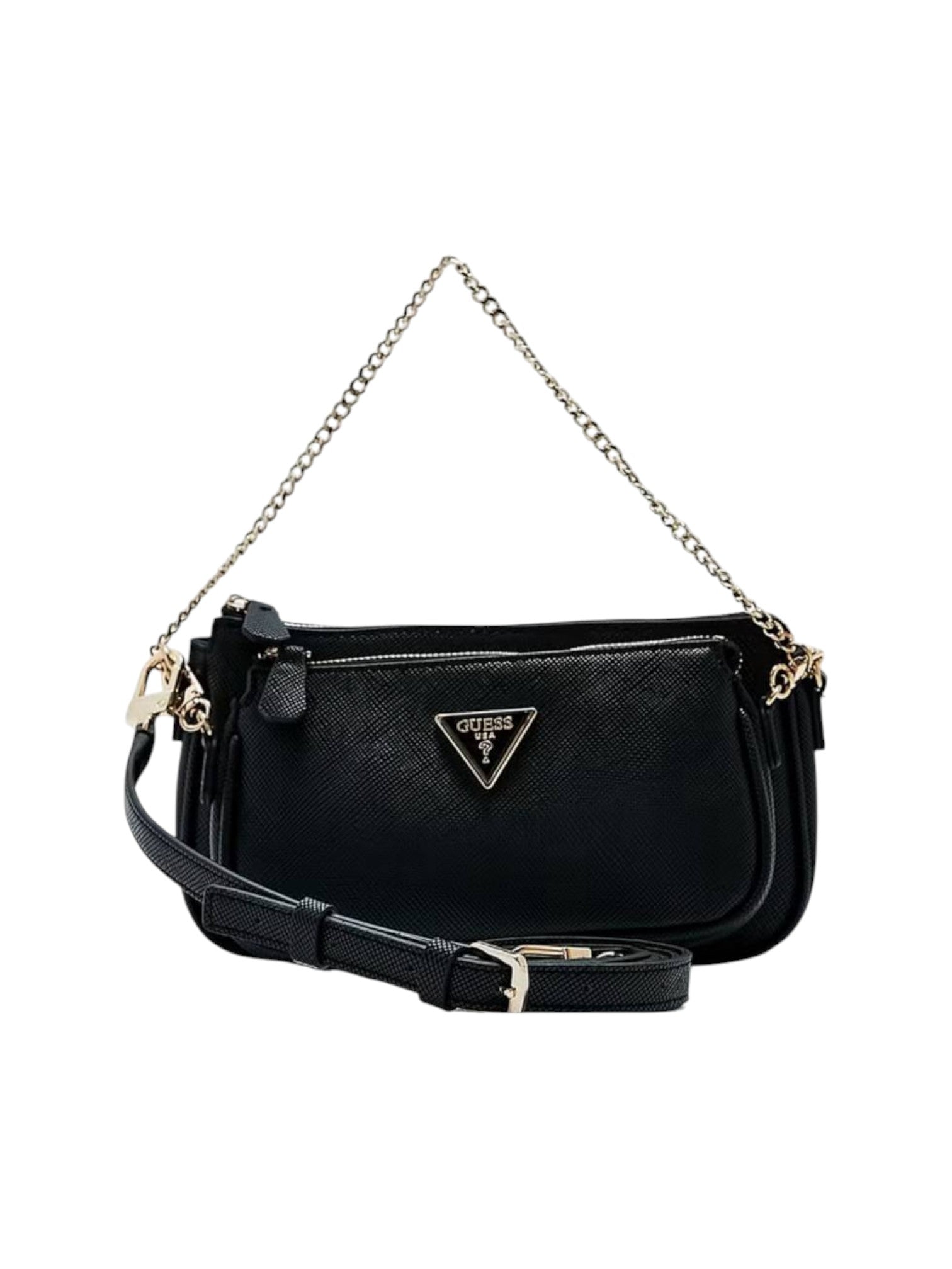 Black handbag with gold chain strap on a white background. Guess, Monza Outlet, Monza Fashion, Shein Outlet
