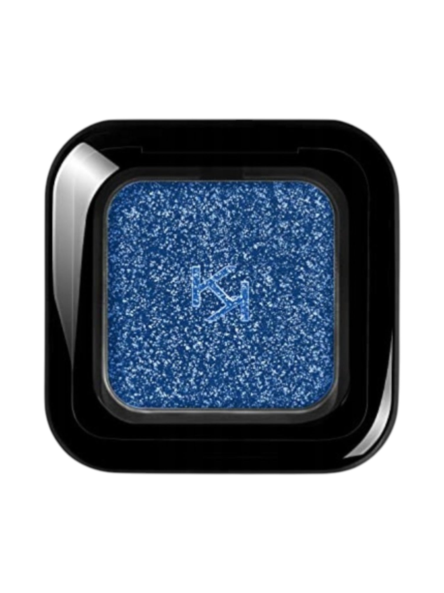 Blue glittery eyeshadow in a black compact with a brand logo on a white background. Kiko, Monza Outlet, Monza Fashion, Shein Outlet 