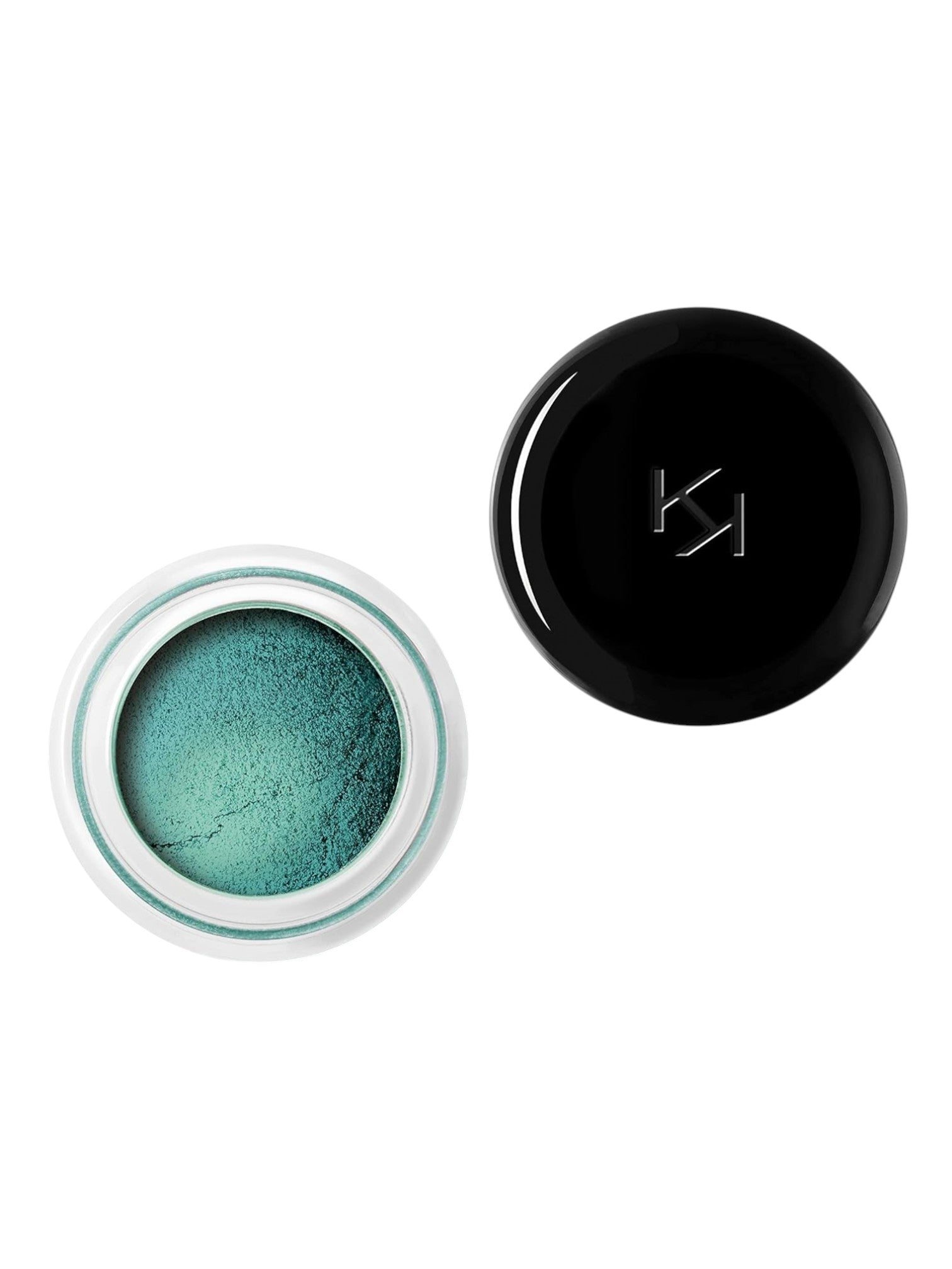 Open jar of teal eyeshadow with black lid on a white background. Kiko Milano, Monza Outlet, Monza Fashion, Shein Outlet