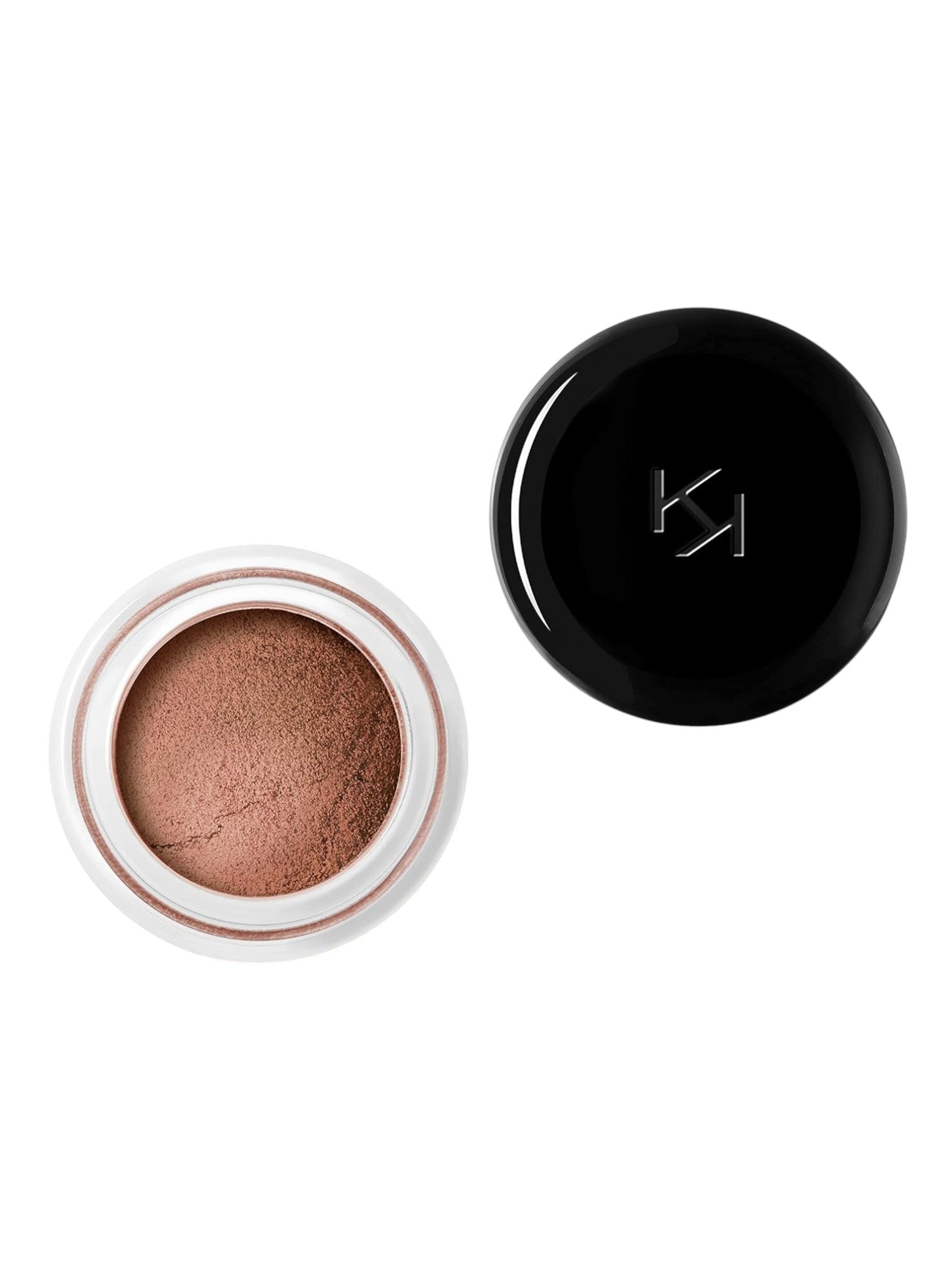 Open container of brown makeup powder with black lid on a white background. Kiko Milano, Monza Outlet, Monza Fashion, Shein Outlet