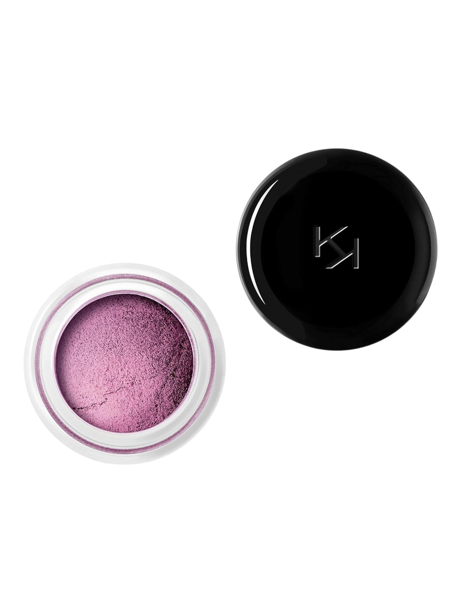 Pink makeup powder in an open jar with a black lid on a white background. Kiko Milano, Monza Outlet, Monza Fashion, Shein Outlet