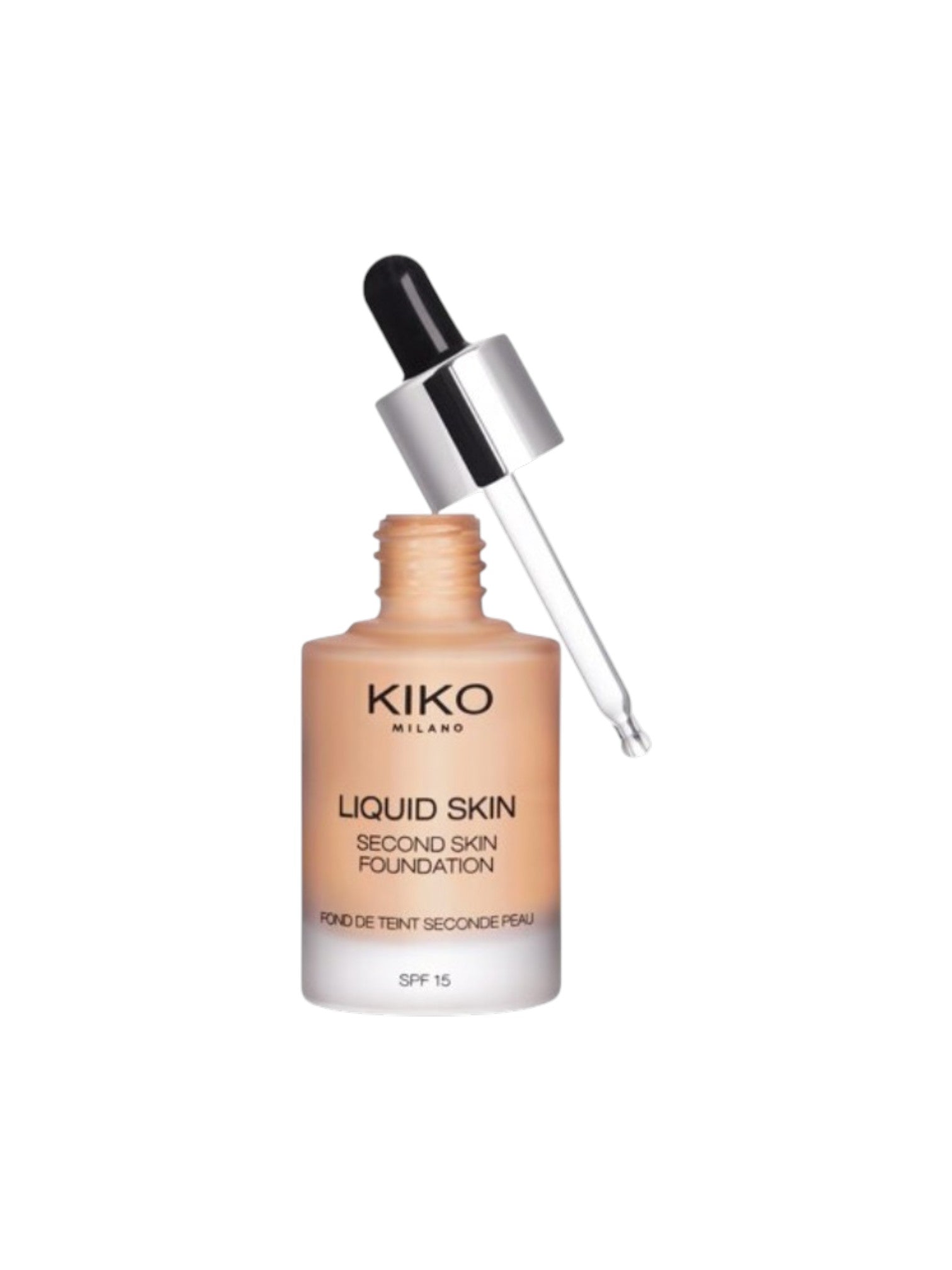 Kiko Milano Liquid Skin foundation bottle with dropper on a white background. Kiko, Monza Outlet, Monza Fashion, Shein Outlet