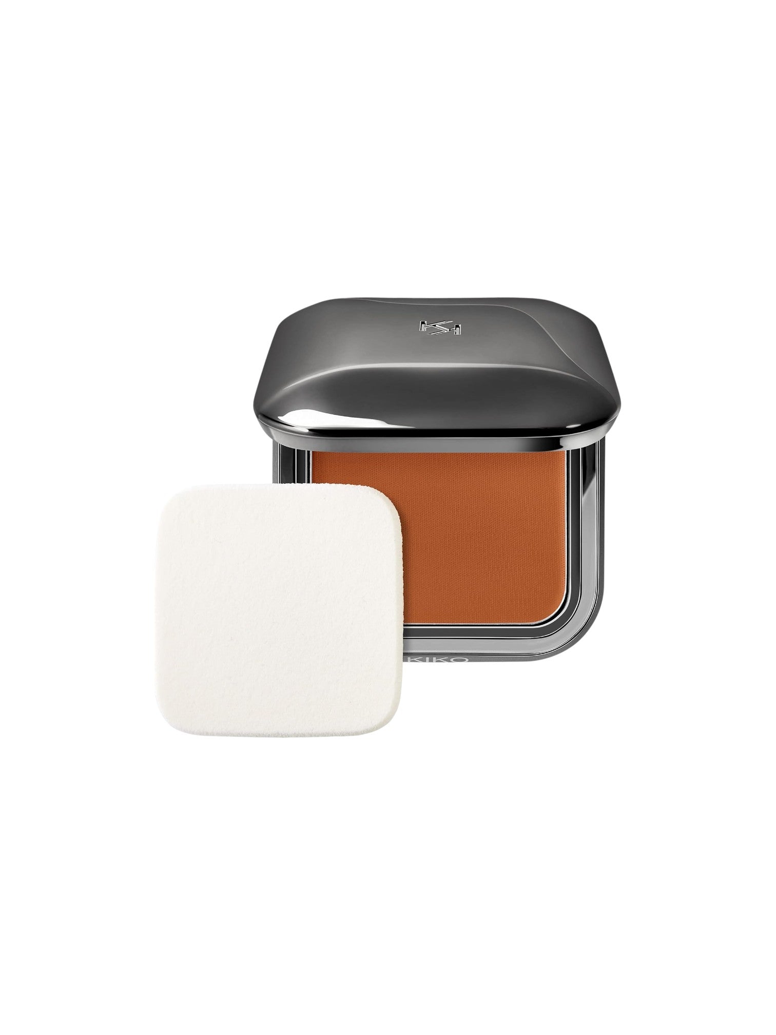 Compact powder in a silver case with a white cover on a white background. Kiko Milano, Monza Outlet, Monza Fashion, Shein Outlet