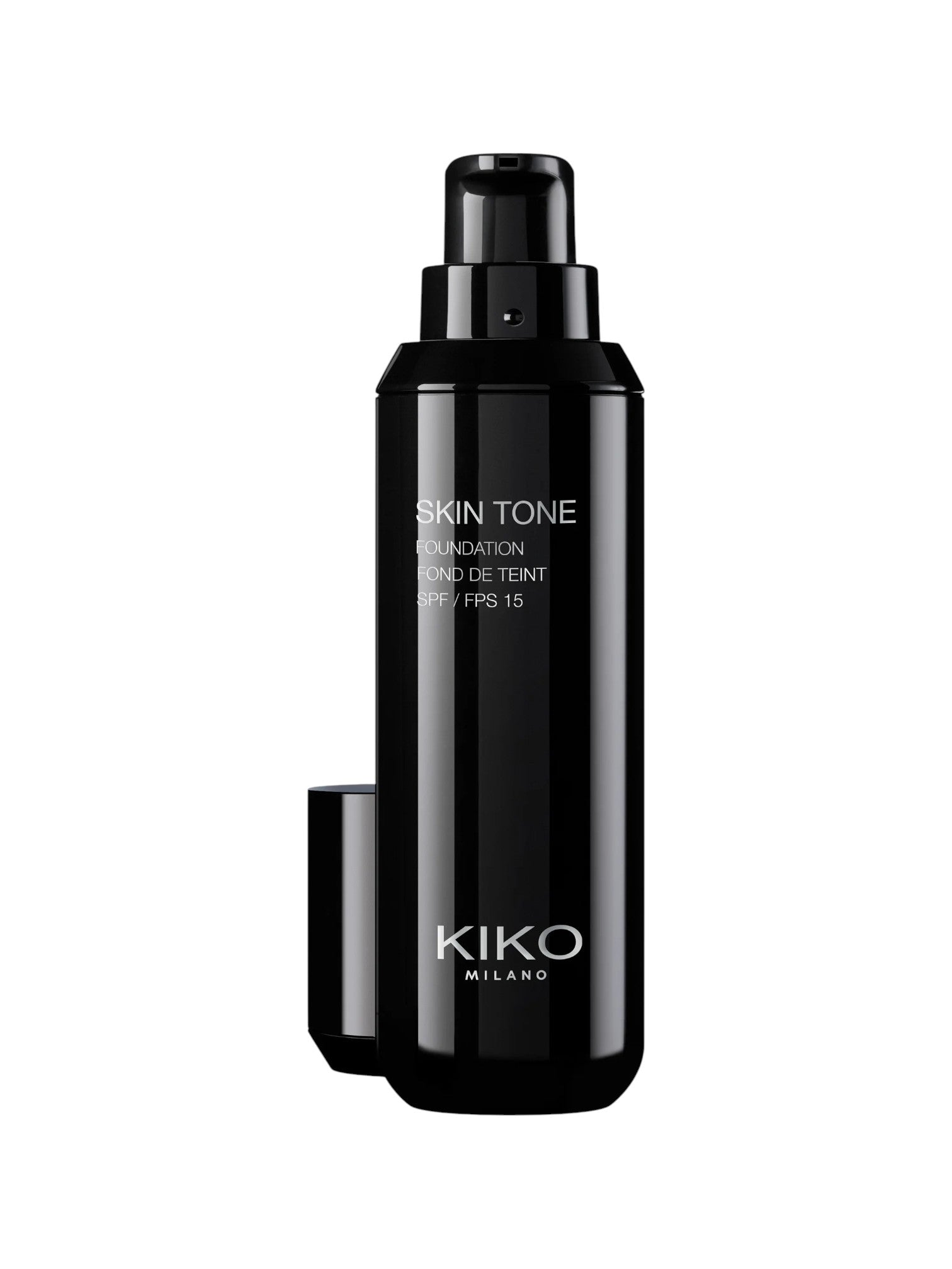 Black Kiko Milano foundation bottle on a white background. Kiko Milano, Monza Outlet, Monza Fashion, Shein Outlet