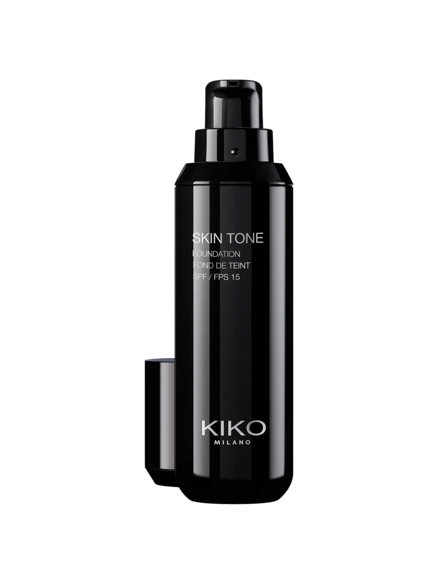 Black Kiko Milano foundation bottle on a white background. Kiko Milano, Monza Outlet, Monza Fashion, Shein Outlet
