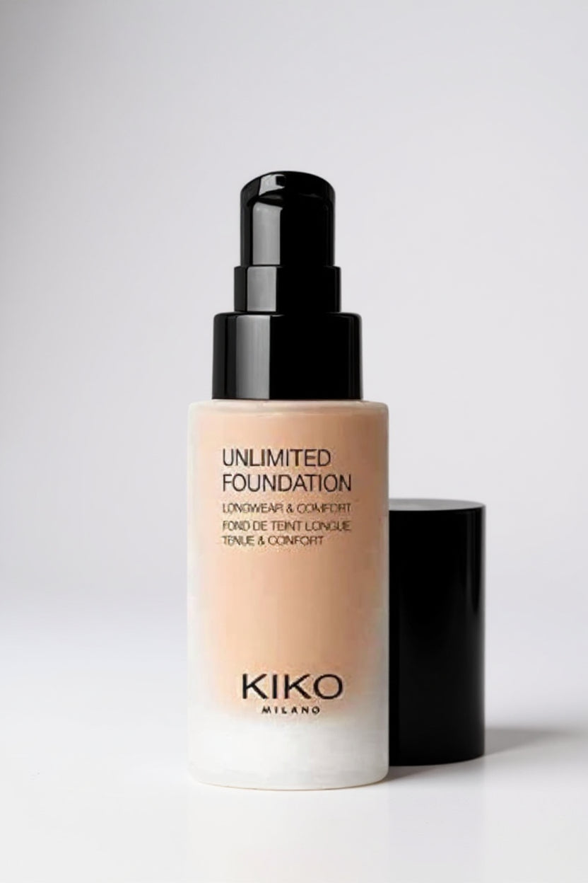 Kiko Milano Unlimited Foundation bottle on a white background. Kiko Milano, Monza Outlet, Monza Fashion, Shein Outlet