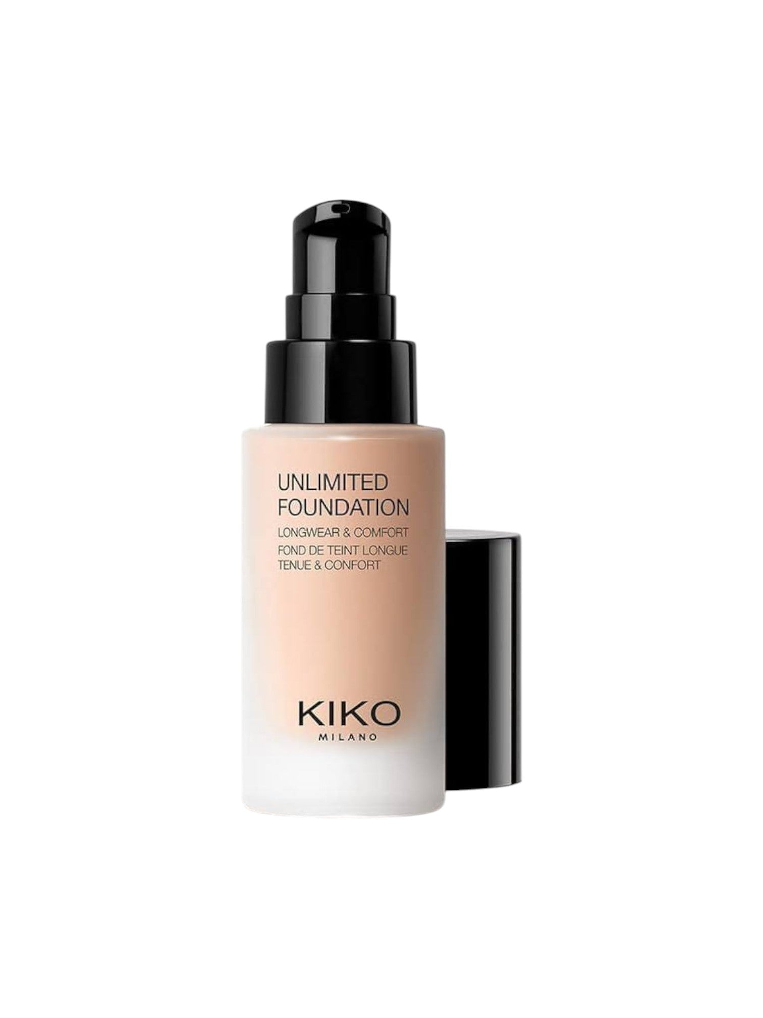 Kiko Milano Unlimited Foundation bottle on a white background. Kiko Milano, Monza Outlet, Monza Fashion, Shein Outlet