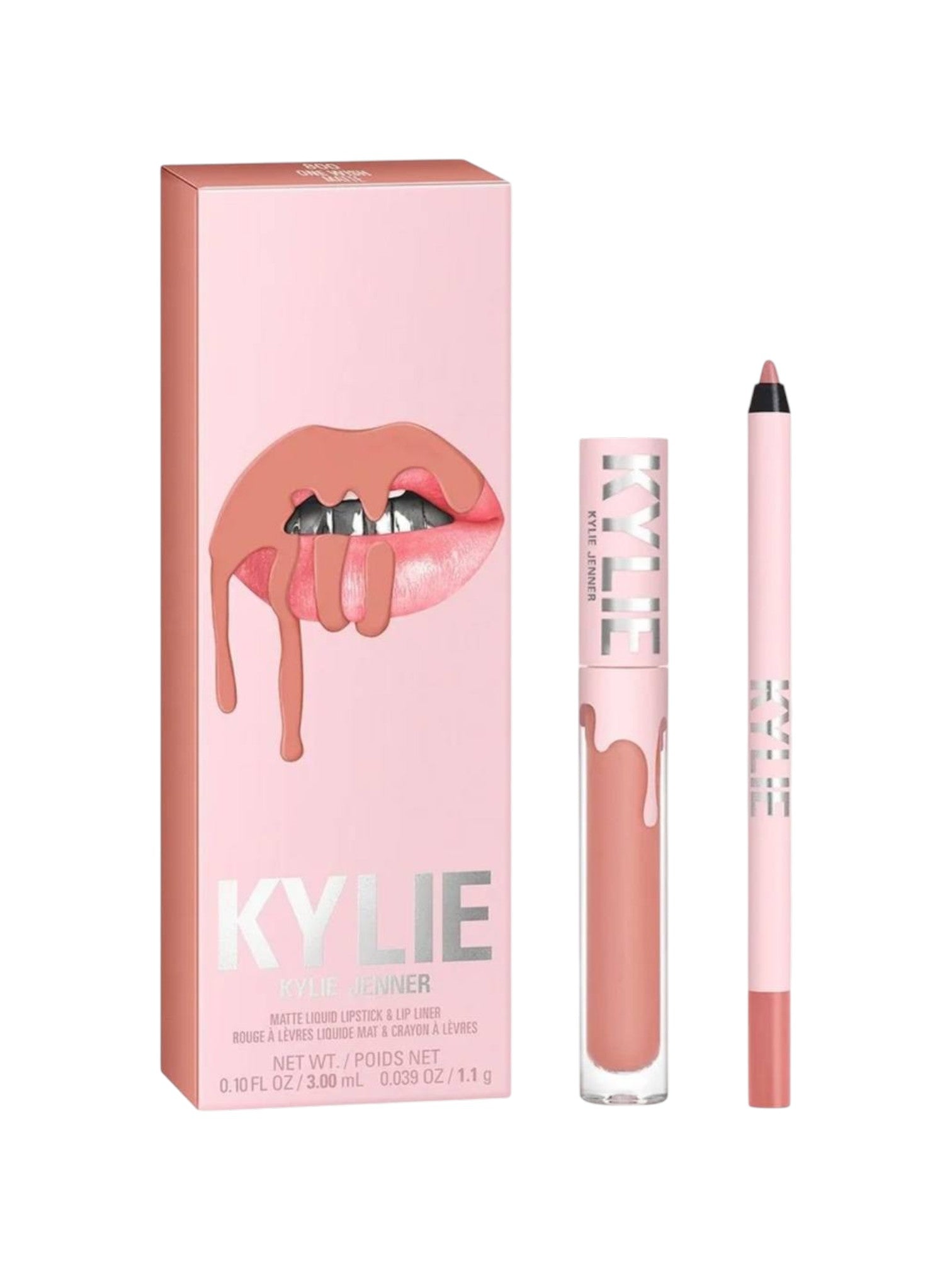 Kylie lip kit with lip gloss and lip liner on a white background. Kylie Cosmetics, Monza Outlet, Monza Fashion, Shein Outlet