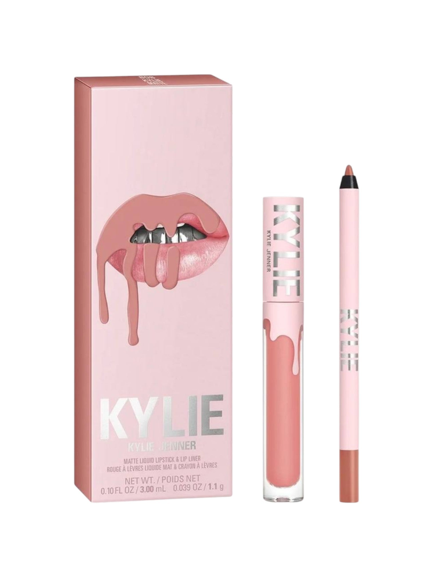 Kylie lip kit with pink packaging, lip gloss, and lip liner on a white background. Kylie Cosmetics, Monza Outlet, Monza Fashion, Shein Outlet