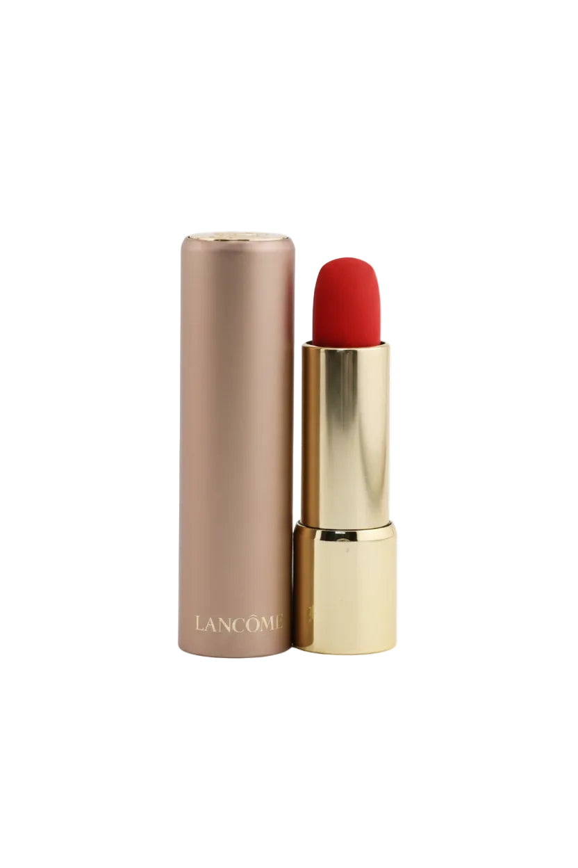 Red lipstick with gold cap and beige tube on a white background. lancome, Monza Outlet, Monza Fashion, Shein Outlet