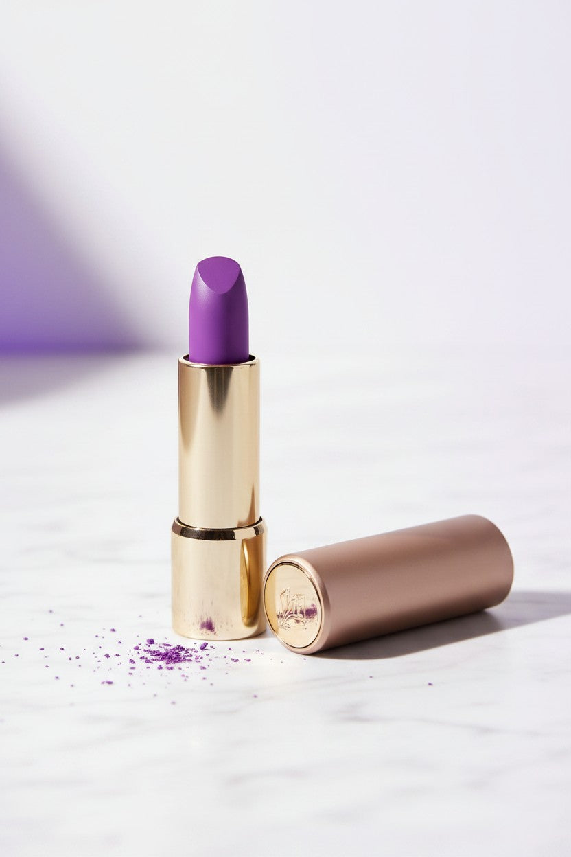 Purple lipstick with gold casing on a white background. lancome, Monza Outlet, Monza Fashion, Shein Outlet