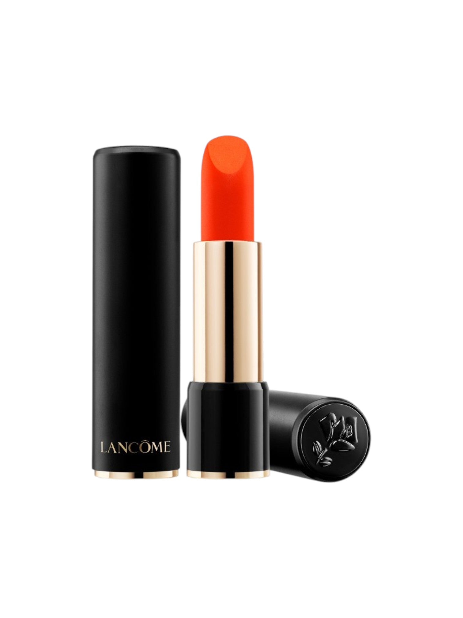 Lancome lipstick with black casing and orange shade on a white background. lancome, Monza Outlet, Monza Fashion, Shein Outlet