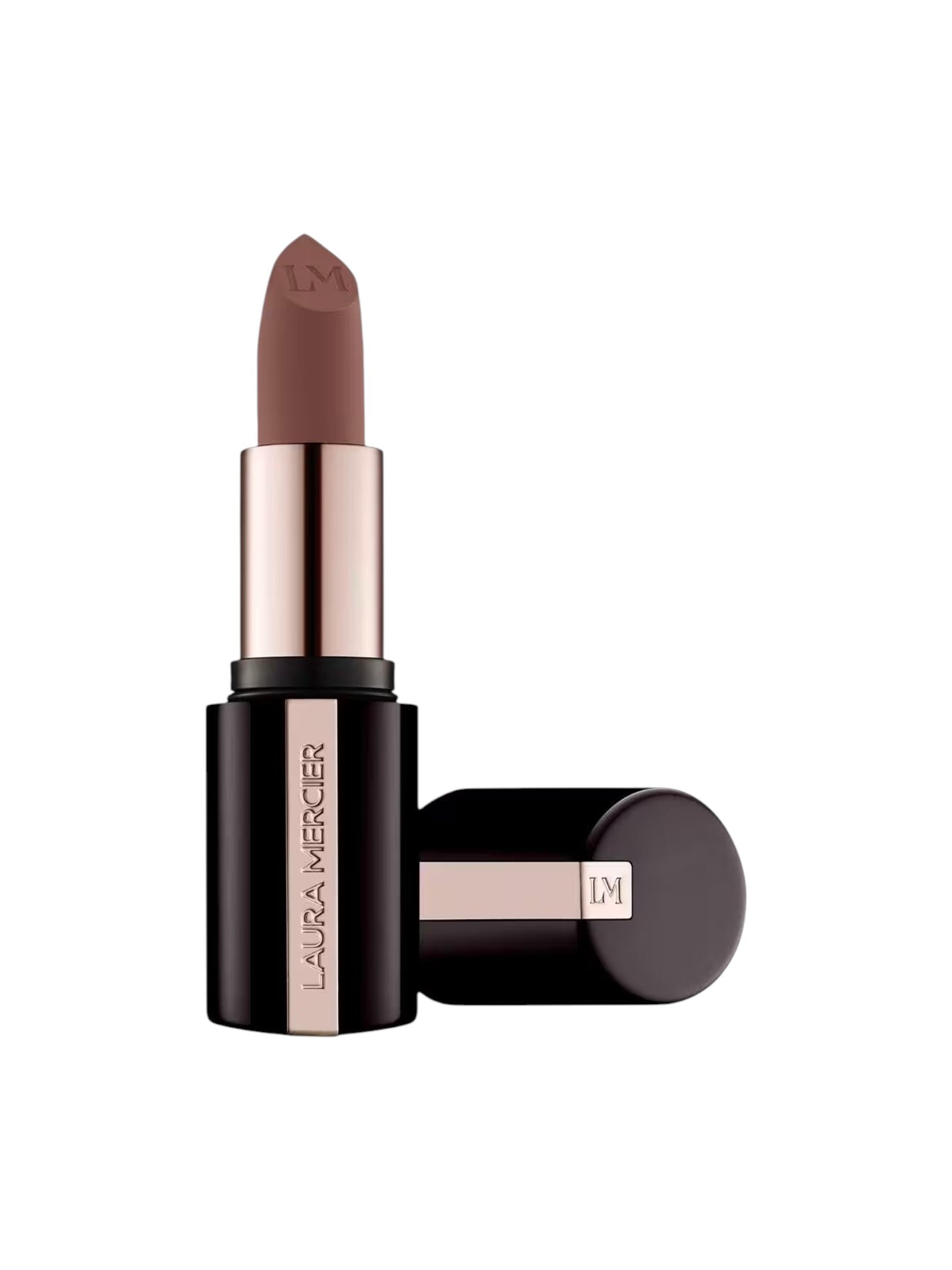 Brown lipstick with black casing on a white background. laura_mercier, Monza Outlet, Monza Fashion, Shein Outlet
