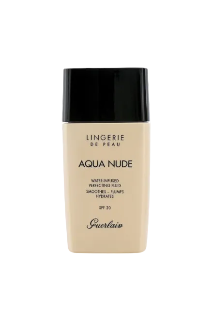 Guerlain Aqua Nude water-infused perfecting fluid bottle on a white background. Monza Outlet