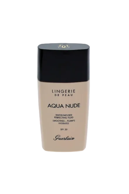Guerlain Aqua Nude foundation bottle on a white background. Monza Outlet