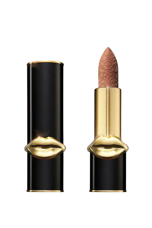 Pat McGrath Labs MatteTrance Lipstick shade Honey Haze, warm nude matte lipstick with a golden beige undertone, presented in elegant black and gold bullet packaging with gold lips design. Monza Outlet