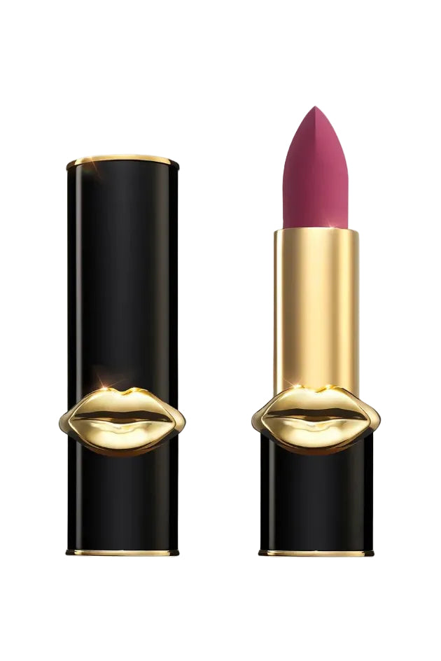 Lipstick with gold cap and colorful packaging on white background Monza Outlet