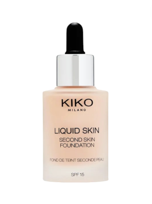Kiko Milano Liquid Skin foundation bottle on a white background. Kiko, Monza Outlet, Monza Fashion, Shein Outlet