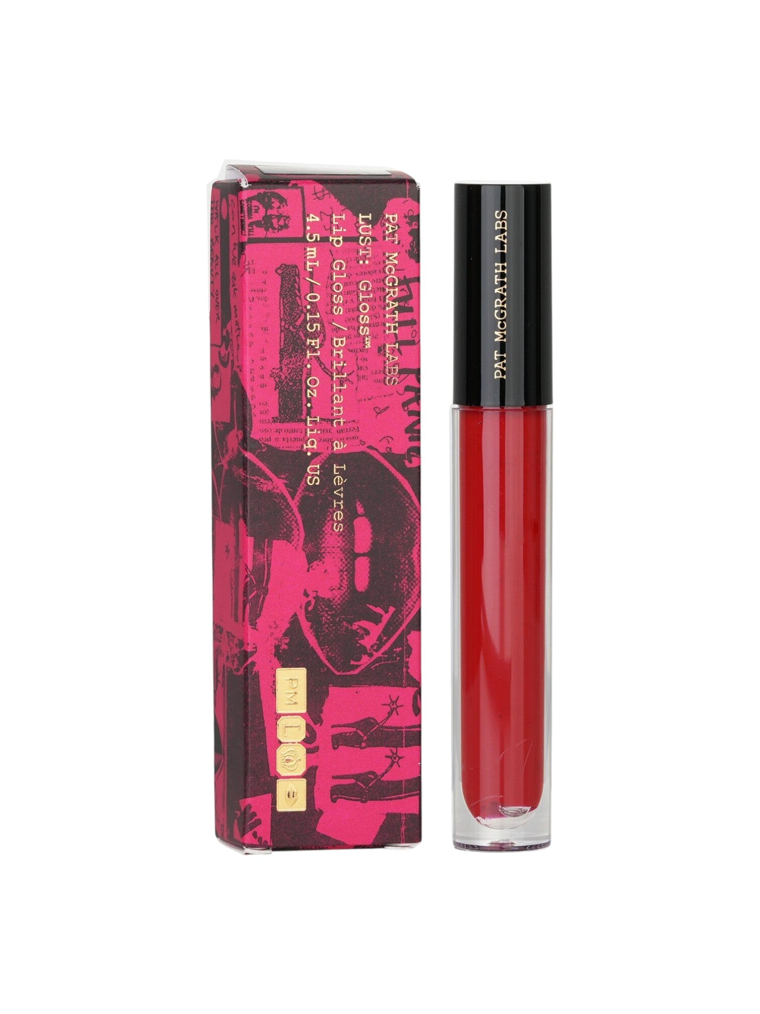 Red lip gloss with pink and black packaging on a white background. Pat McGrath Labs, Monza Outlet, Monza Fashion, Shein Outlet