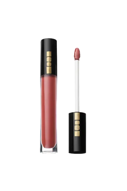 Lip gloss with black case and visible brand logo on a white background monza outlet, Shein outlet, monza fashion
