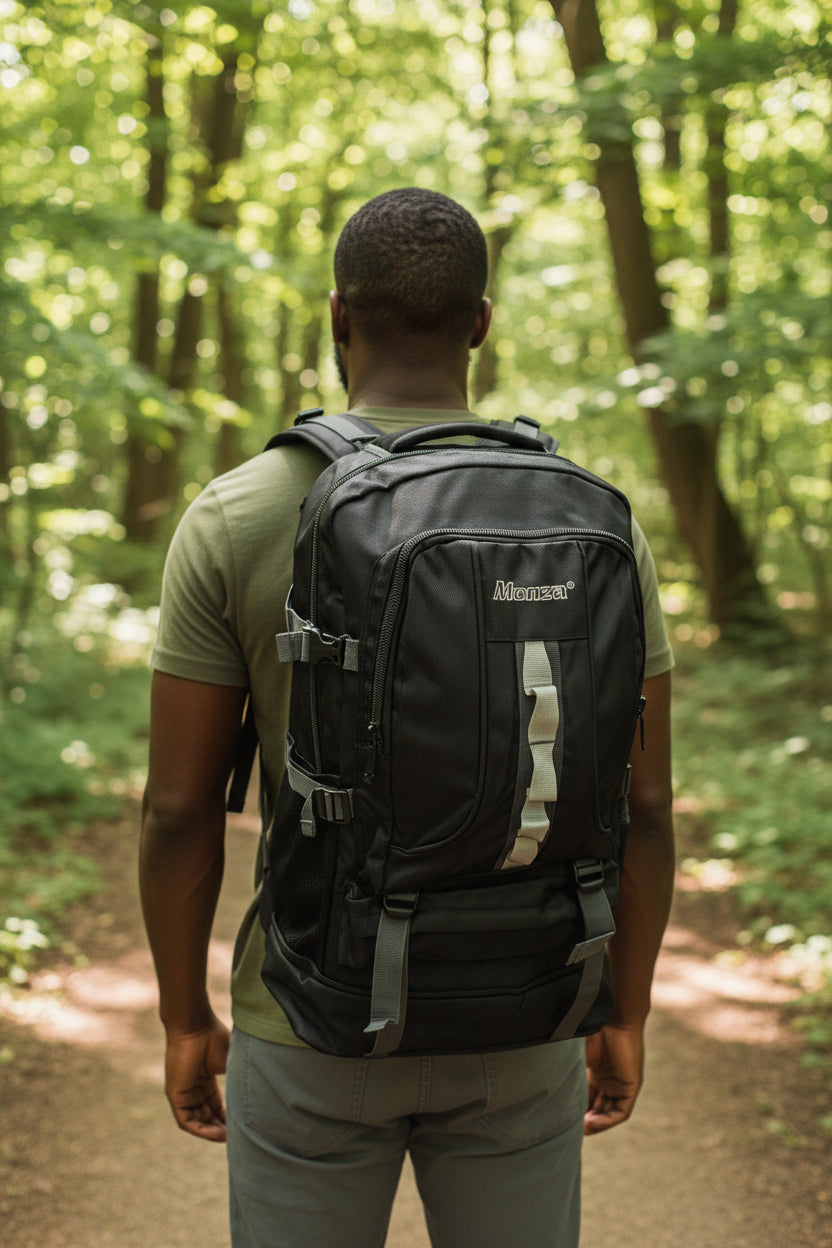 Person wearing a black backpack with Vibram branding in a forest setting. Monza Italy, Monza Outlet, Monza Fashion, Shein Outlet