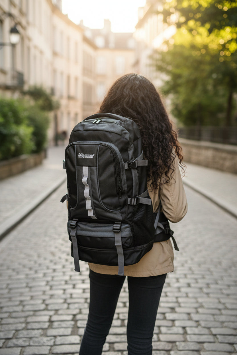 Person with a black backpack walking down a sunlit street. Monza Italy, Monza Outlet, Monza Fashion, Shein Outlet