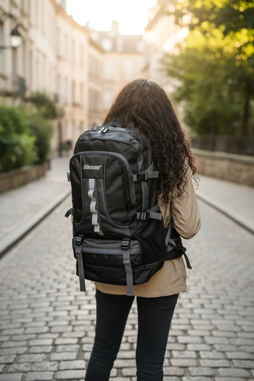 Person walking down a street with a black backpack. Monza Italy, Monza Outlet, Monza Fashion, Shein Outlet