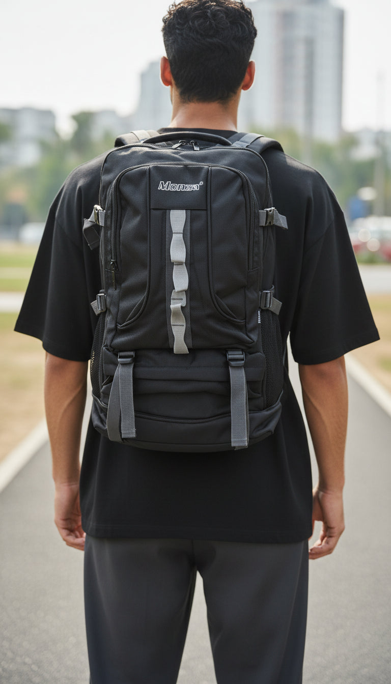 Person wearing a black backpack with visible branding on a city street. Monza Italy, Monza Outlet, Monza Fashion, Shein Outlet