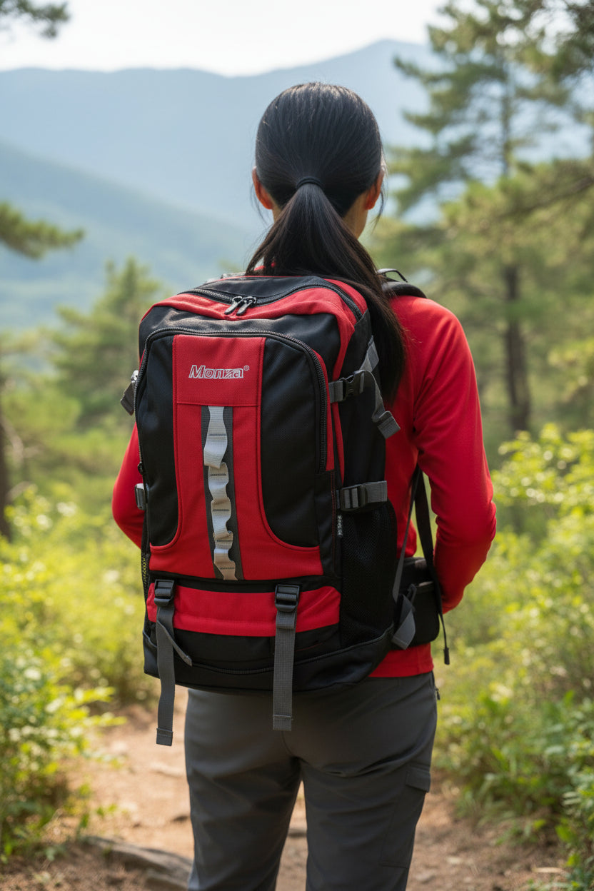 Person wearing a red and black backpack in a forested area. Monza Italy, Monza Outlet, Monza Fashion, Shein Outlet