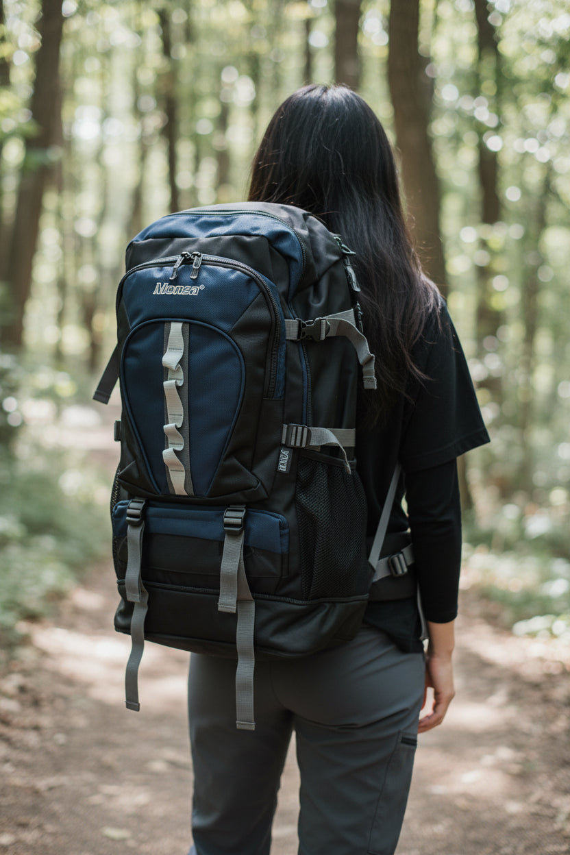 Person with a large blue backpack walking through a forest. Monza Italy, Monza Outlet, Monza Fashion, Shein Outlet