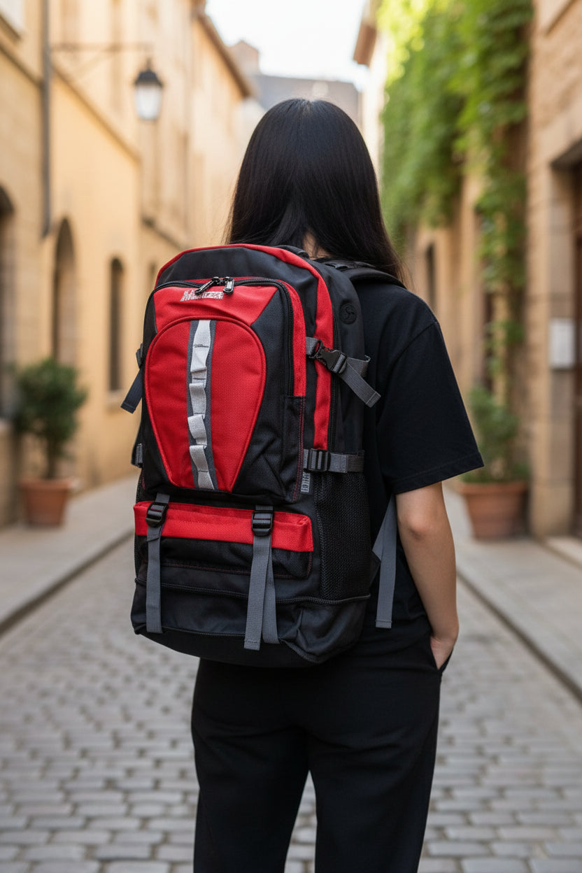 Person wearing a red and black backpack on a cobblestone street. Monza Italy, Monza Outlet, Monza Fashion, Shein Outlet