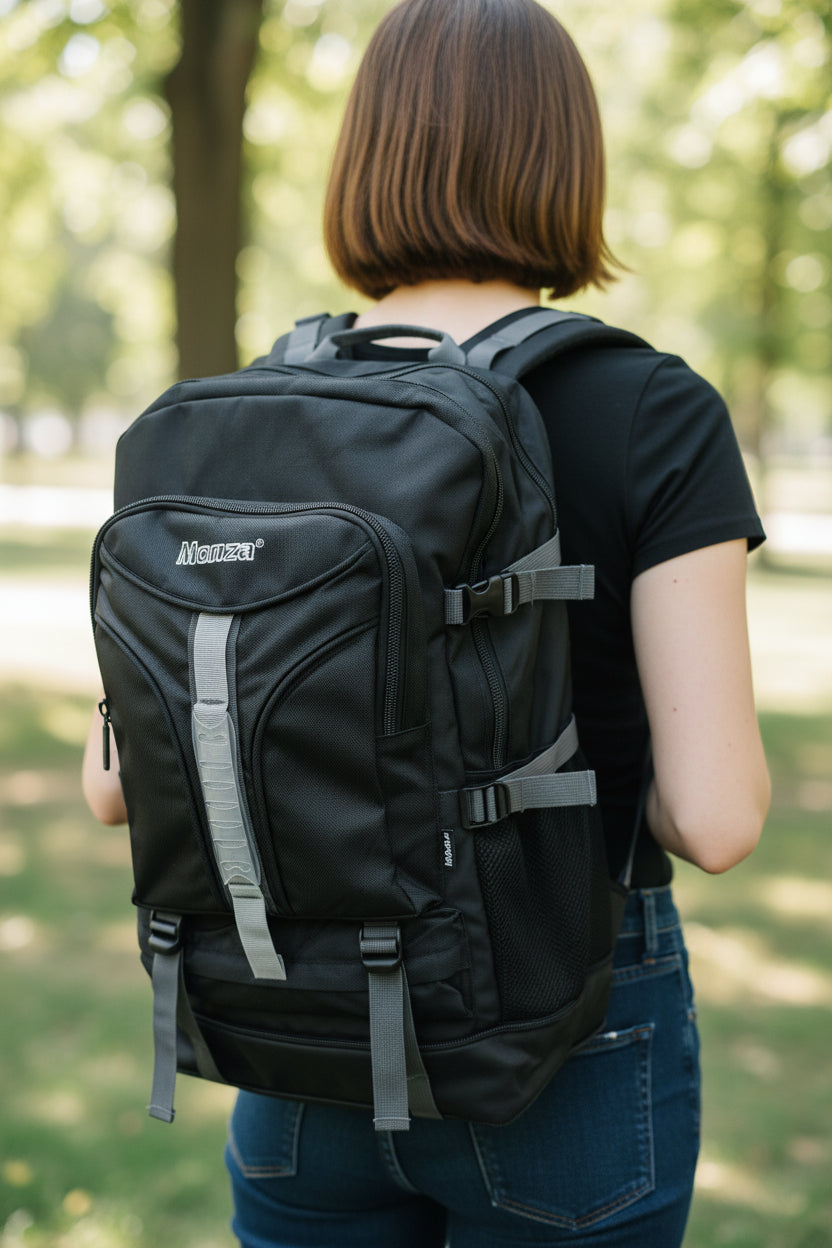 Person wearing a black backpack with visible branding in an outdoor setting. Monza Italy, Monza Outlet, Monza Fashion, Shein Outlet