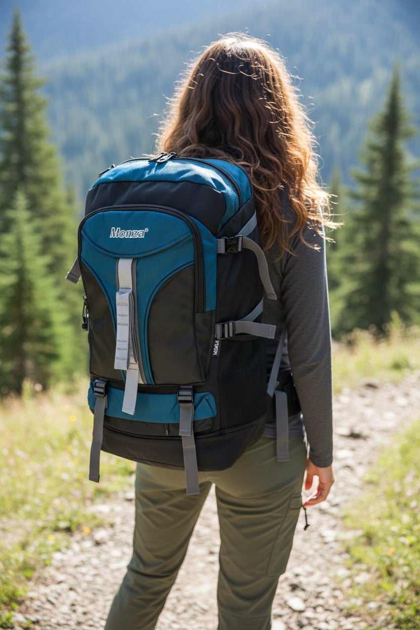Person with a blue and black backpack walking on a trail in a forested area. Monza Italy, Monza Outlet, Monza Fashion, Shein Outlet