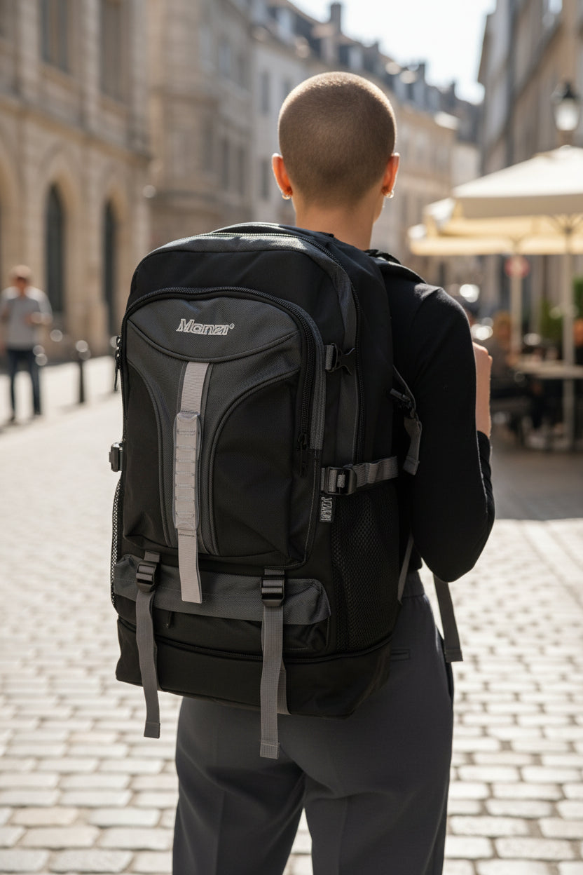 Person wearing a black and gray backpack on a city street. Monza Italy, Monza Outlet, Monza Fashion, Shein Outlet