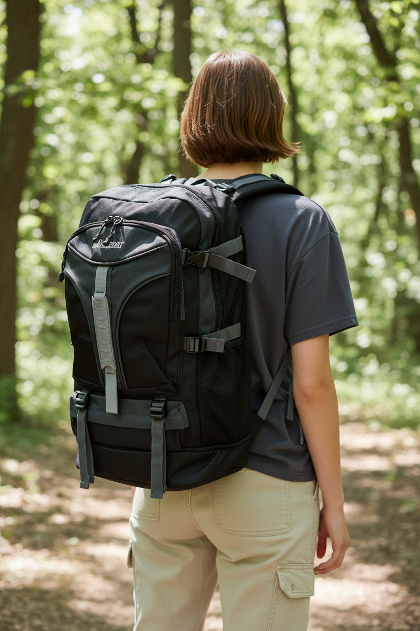 Person wearing a large black backpack in a forest setting. Monza Italy, Monza Outlet, Monza Fashion, Shein Outlet