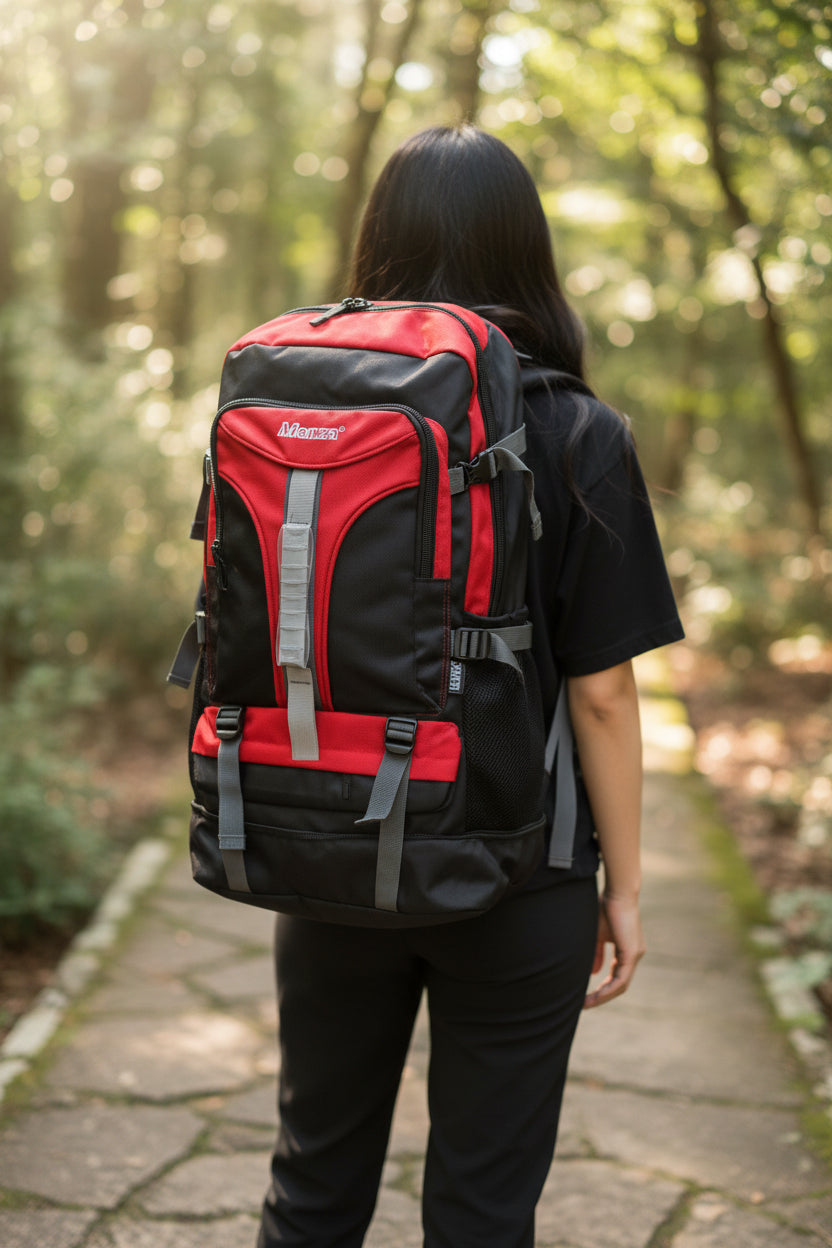 Person wearing a red and black backpack in a forest setting. Monza Italy, Monza Outlet, Monza Fashion, Shein Outlet