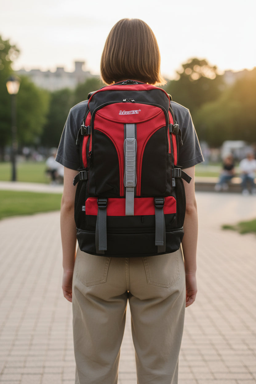 Person wearing a red and black backpack on a paved path with trees and people in the background. Monza Italy, Monza Outlet, Monza Fashion, Shein Outlet