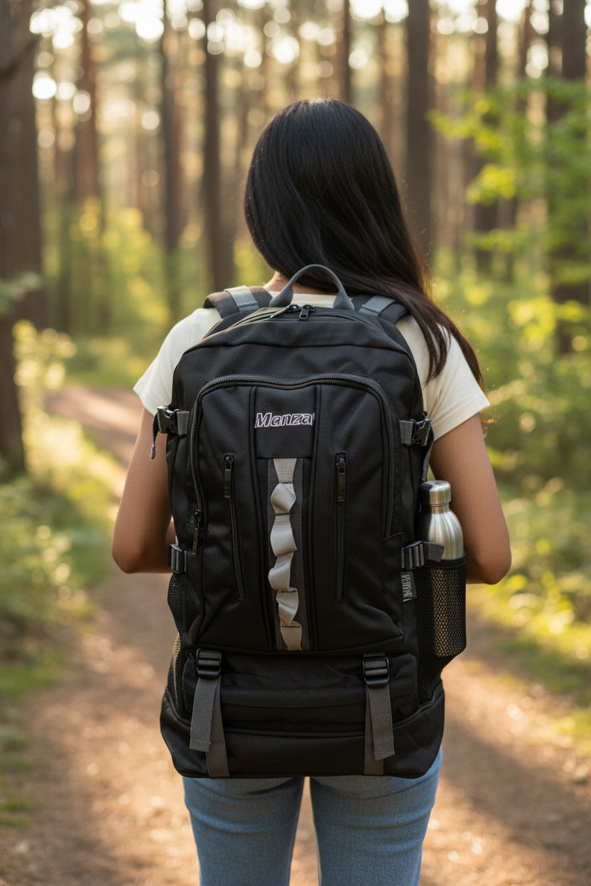 Person walking in a forest with a black backpack. Monza Italy, Monza Outlet, Monza Fashion, Shein Outlet