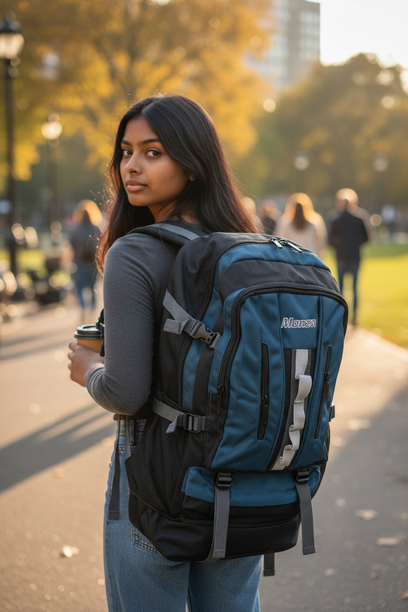 Woman with a blue backpack holding a coffee cup in an outdoor setting. Monza Italy, Monza Outlet, Monza Fashion, Shein Outlet