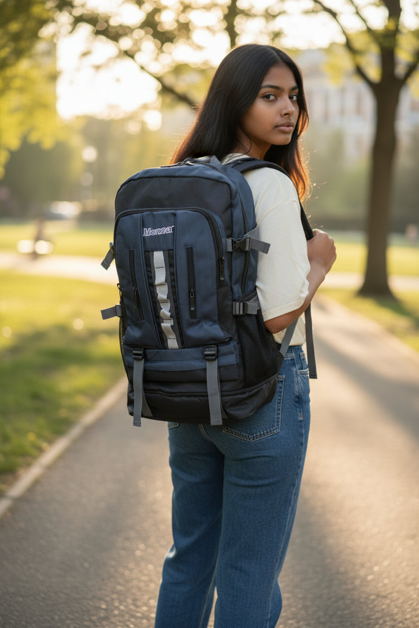 Person wearing a navy backpack in an outdoor setting. Monza Italy, Monza Outlet, Monza Fashion, Shein Outlet