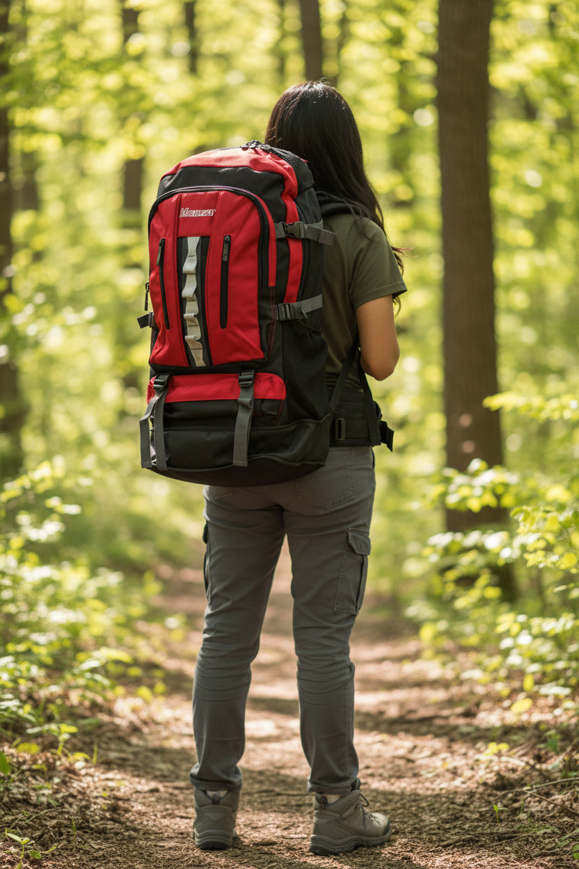 Person with a red and black backpack walking through a forest. Monza Italy, Monza Outlet, Monza Fashion, Shein Outlet