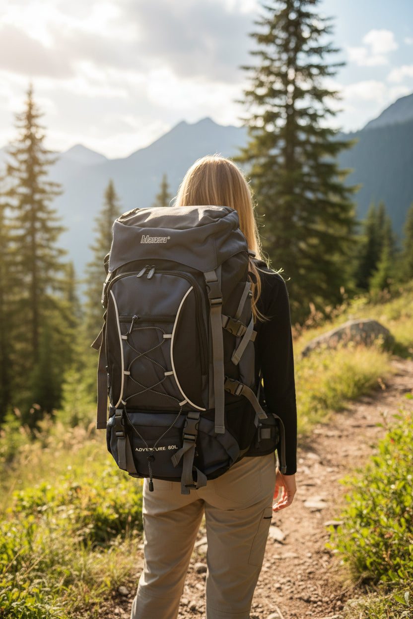 Person with a large backpack walking on a trail in a mountainous area. Monza Italy, Monza Outlet, Monza Fashion, Shein Outlet