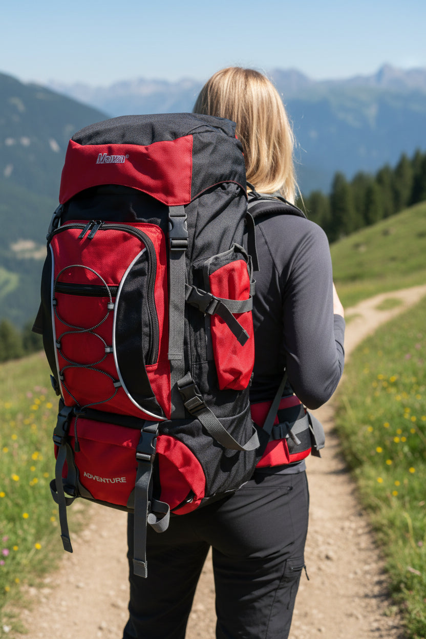 Person hiking with a large red and black backpack on a mountain path. Monza Italy, Monza Outlet, Monza Fashion, Shein Outlet